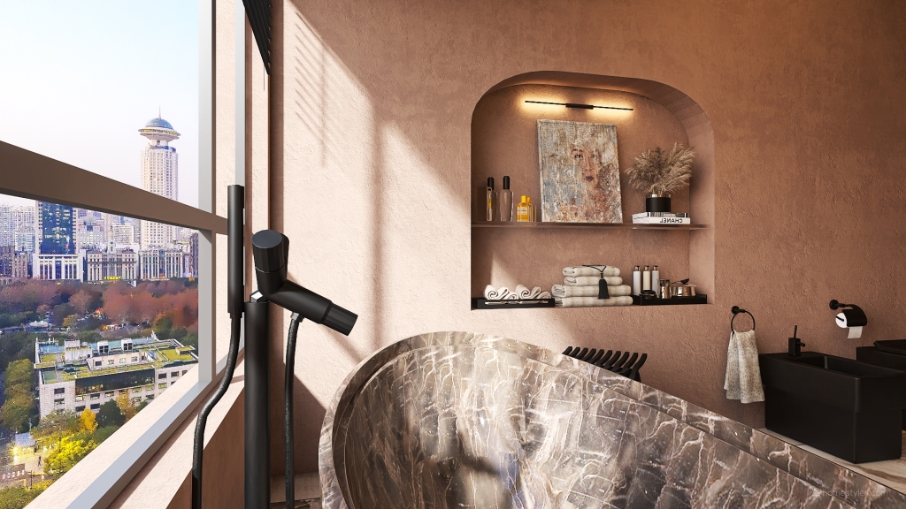 Bauhaus Modern Industrial Black Grey Orange Master Bathroom 3d design renderings