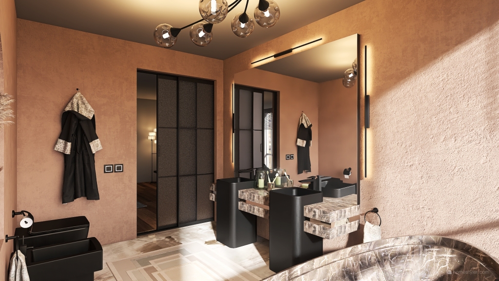 Bauhaus Modern Industrial Black Grey Orange Master Bathroom 3d design renderings