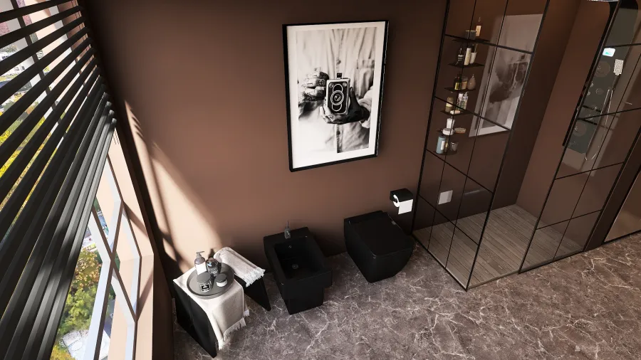 Bauhaus Modern Industrial Black Grey Orange Bathroom 3d design renderings