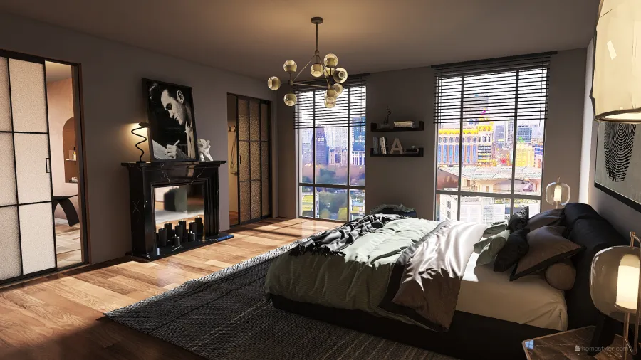 Bauhaus Modern Industrial Black Grey Orange Master Bedroom 3d design renderings