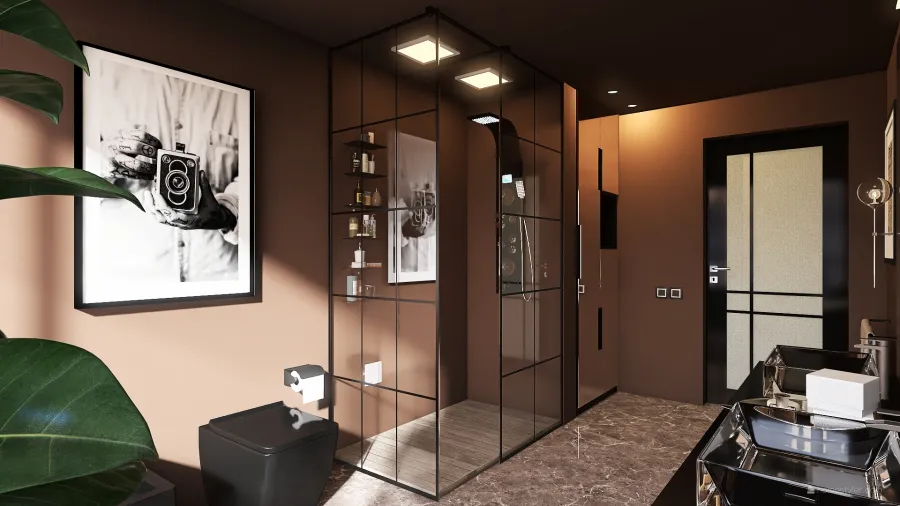 Bauhaus Modern Industrial Black Grey Orange Bathroom 3d design renderings