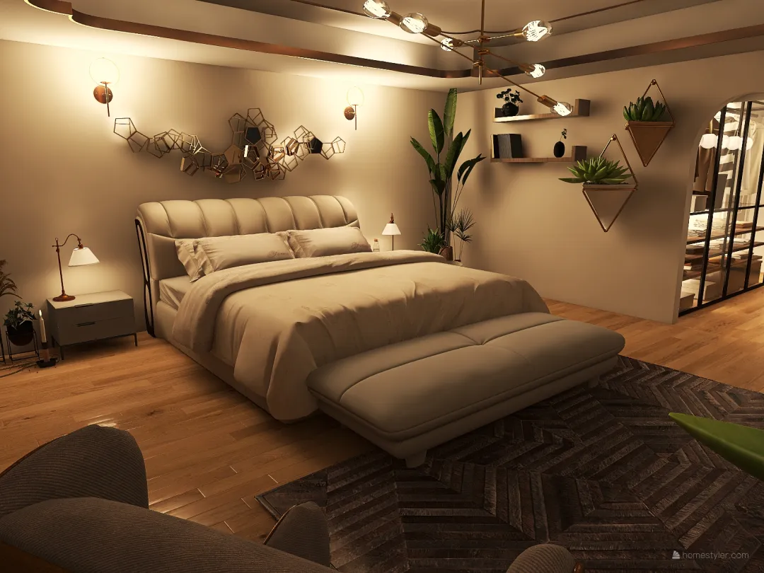 Simple Boho master bedroom 3d design renderings