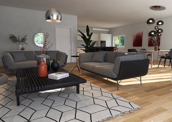 warm minimalist living room & kitchen Design Rendering