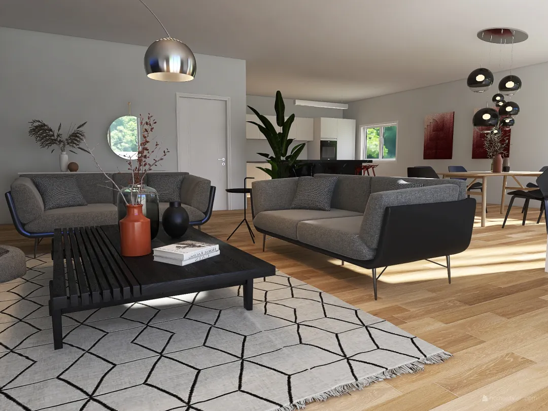 warm minimalist living room & kitchen 3d design renderings
