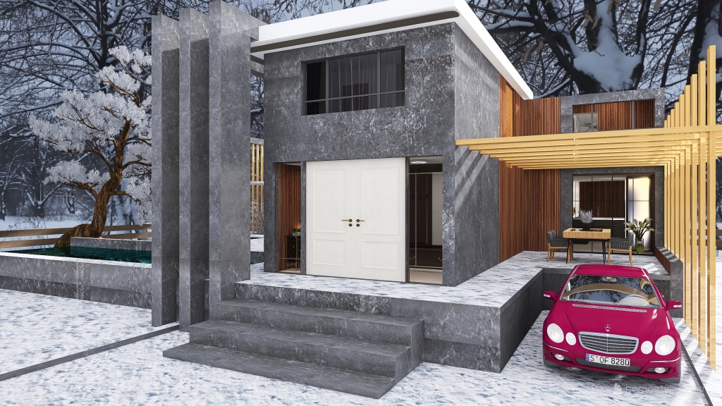 Scandinavian Industrial The Nordic House in Winter time WoodTones Grey 3d design renderings