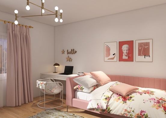 Pink - White - Golden Bedroom Design Rendering