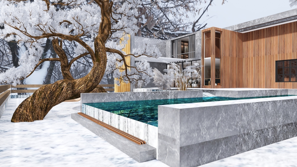 Scandinavian Industrial WoodTones Grey Swimming pool 3d design renderings