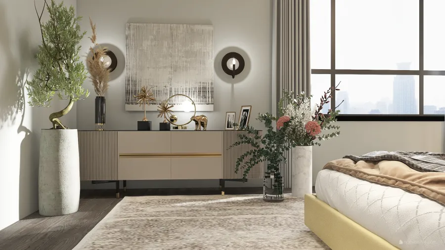 Modern Yellow Beige Green Grey Master Bedroom 3d design renderings
