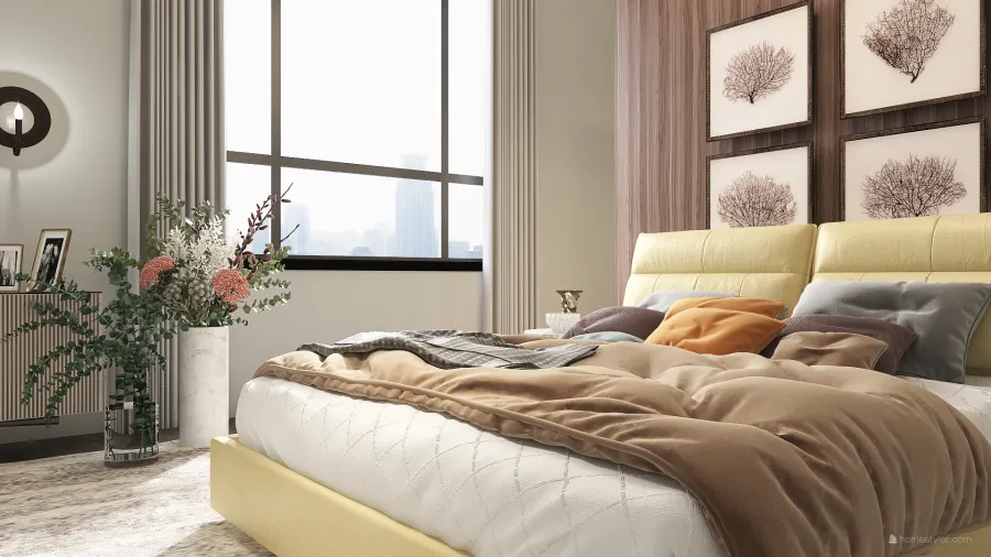 Modern Yellow Beige Green Grey Master Bedroom 3d design renderings