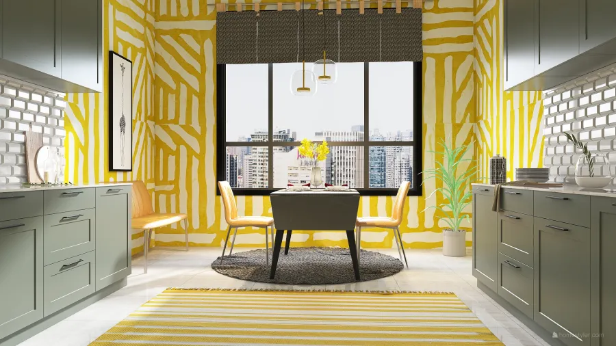 Modern Yellow Beige Green Grey Kitchen 3d design renderings