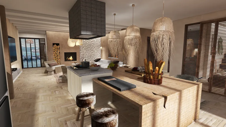 Bohemian Rustic WabiSabi EarthyTones Blue Beige Salon comedor y cocina abierta 3d design renderings