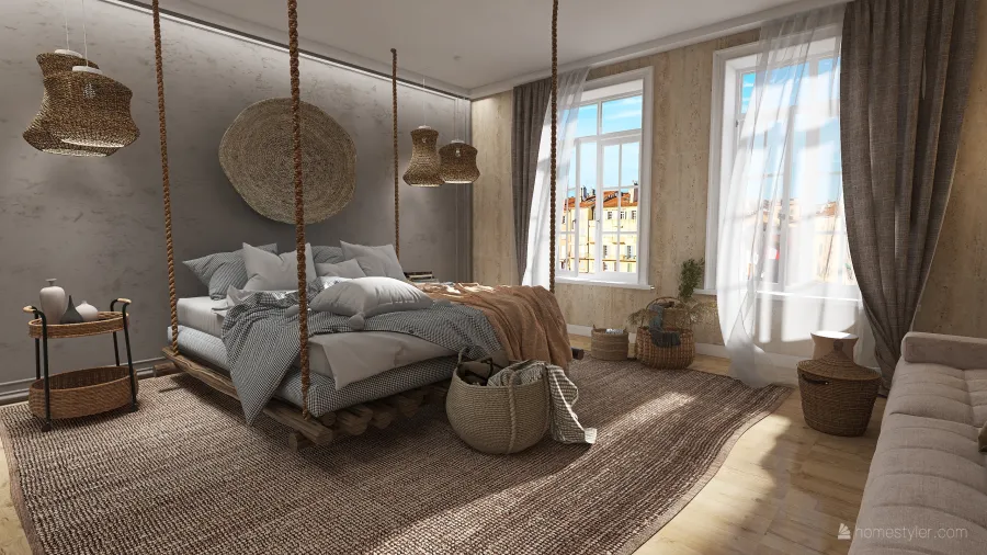 Bohemian Rustic WabiSabi EarthyTones Blue Beige Dormitorio principal 3d design renderings