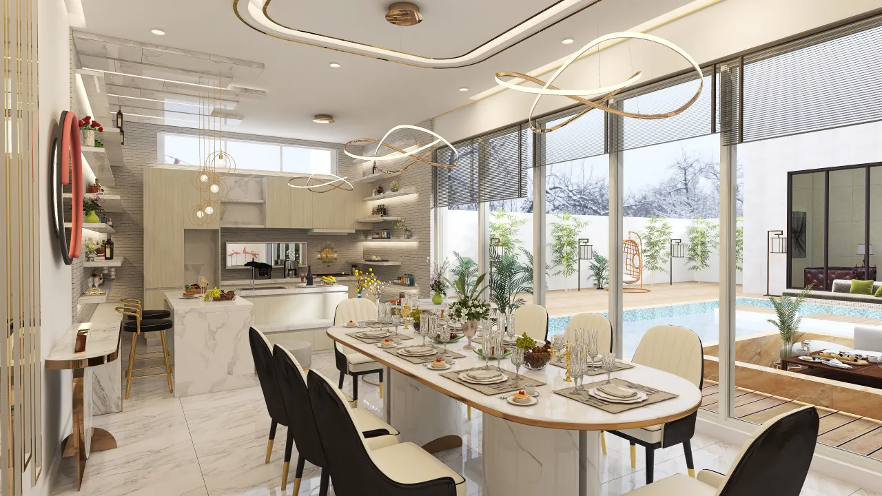 #Glam Dining and Kitchen 3d design renderings