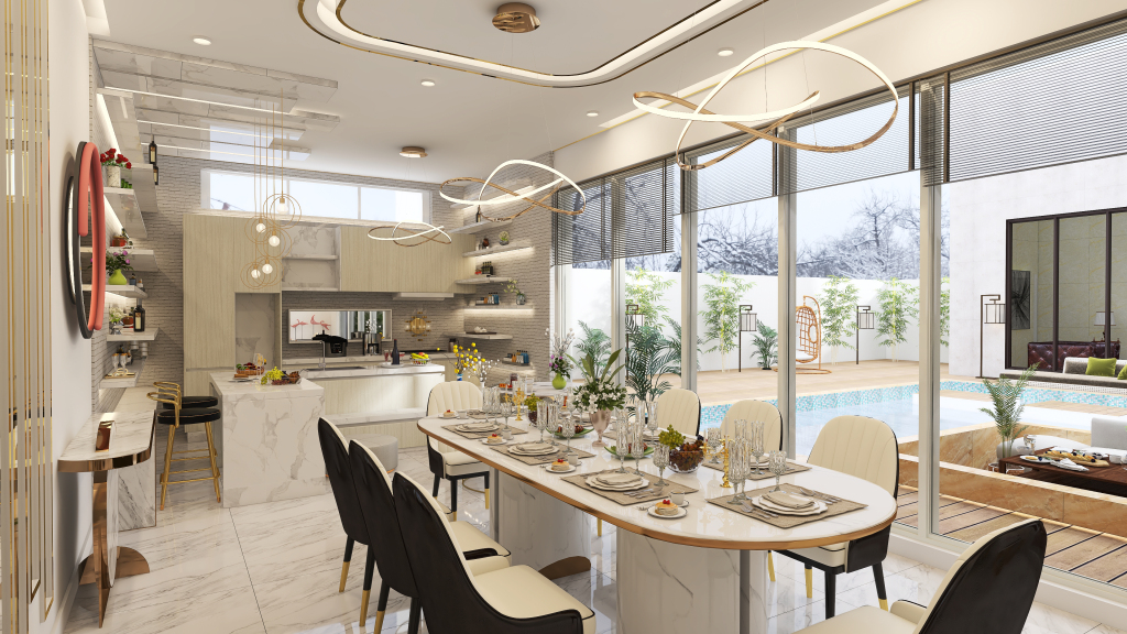 #Glam Dining and Kitchen 3d design renderings
