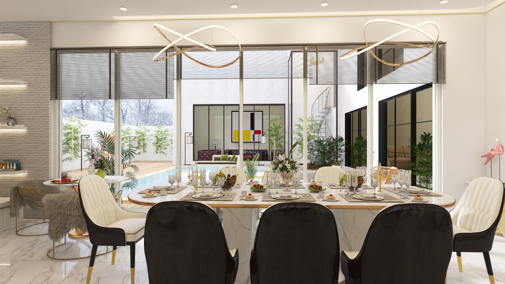#Glam Dining and Kitchen 3d design renderings