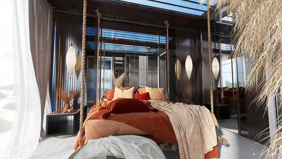 Bohemian Modern WabiSabi Glass mountain retreat EarthyTones Red Orange 3d design renderings