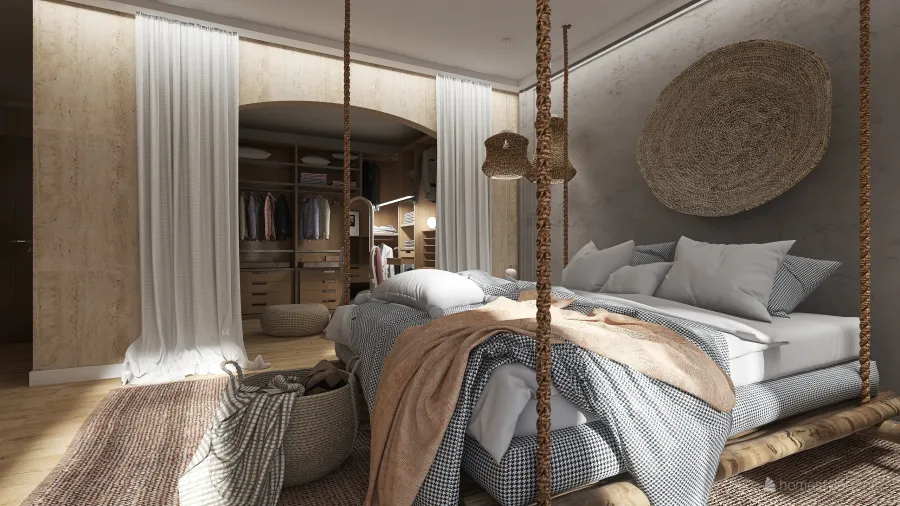 Bohemian Rustic WabiSabi EarthyTones Blue Beige Dormitorio principal 3d design renderings