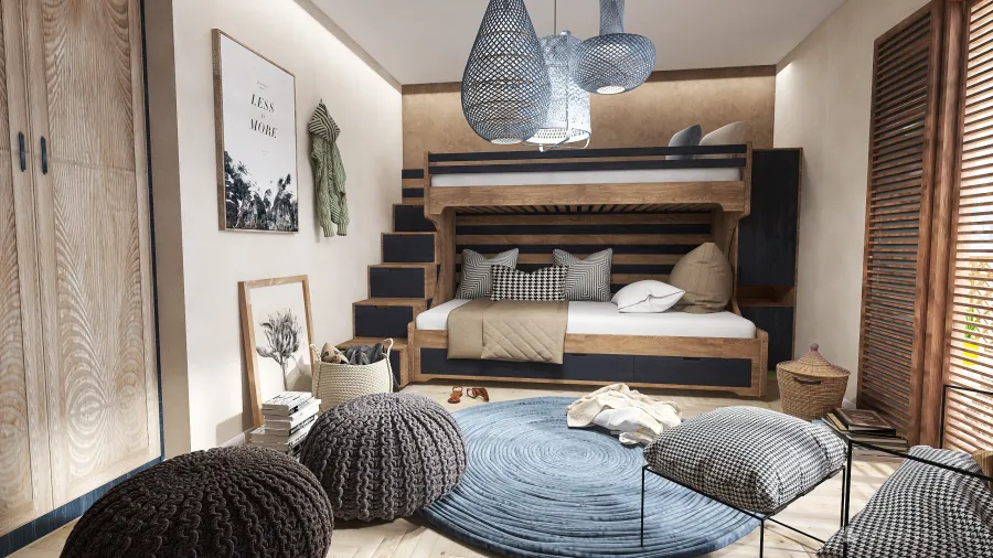 Bohemian Rustic WabiSabi EarthyTones Blue Beige Dormitorio juvenil 3d design renderings