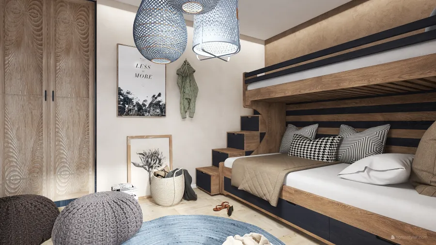 Bohemian Rustic WabiSabi EarthyTones Blue Beige Dormitorio juvenil 3d design renderings