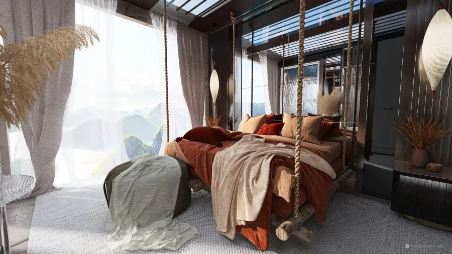 Bohemian Modern WabiSabi EarthyTones Red Orange Bedroom 3d design renderings