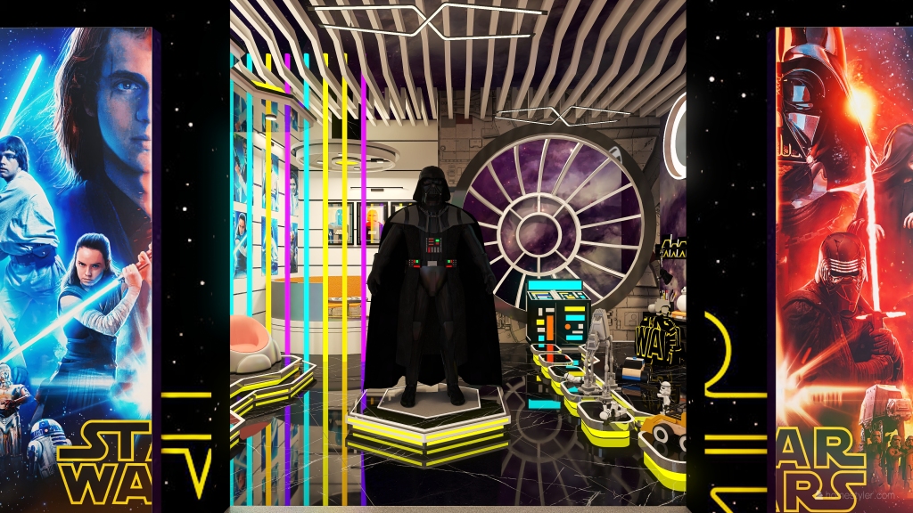 StyleOther Star Wars Lounge and Collectibles Conceptual Shop Black Red Blue Yellow Purple 3d design renderings