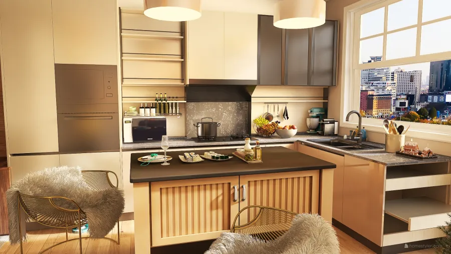 Contemporary Bohemian small appartment WoodTones 3d design renderings