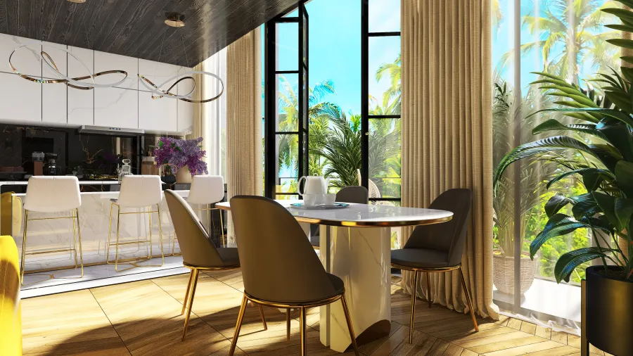 Modern Black White Yellow Dining & Living Room 3d design renderings