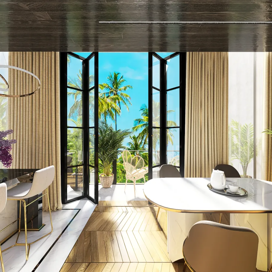 Modern Black White Yellow Dining & Living Room 3d design renderings