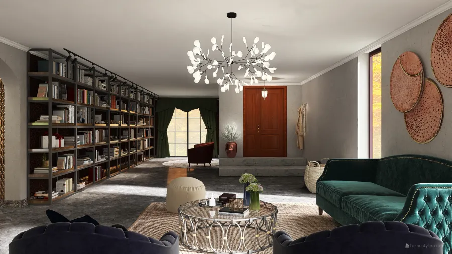 Living and Dining Room and Library 3d design renderings