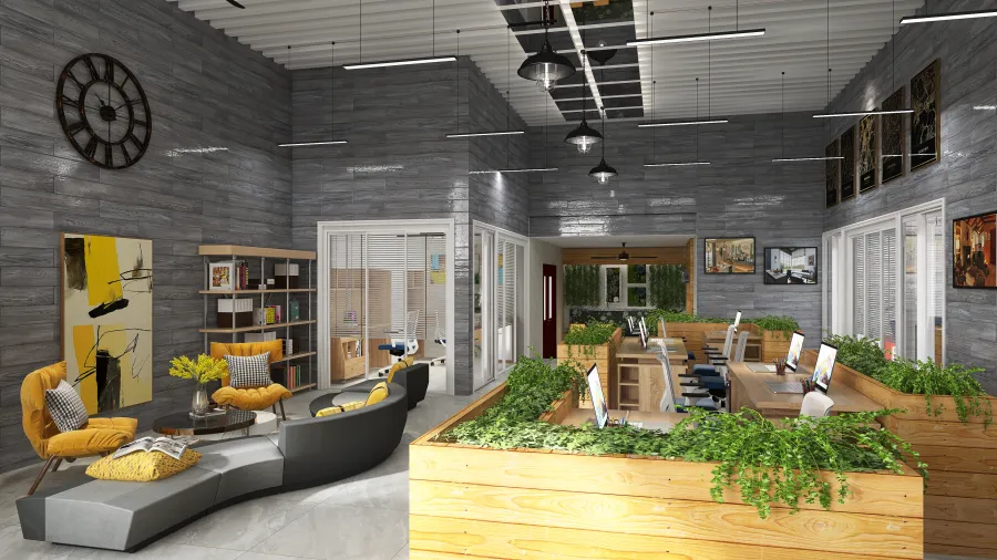 Modern Industrial Pantone 2021 Color of the Year - Office Interior Yellow Grey WoodTones 3d design renderings