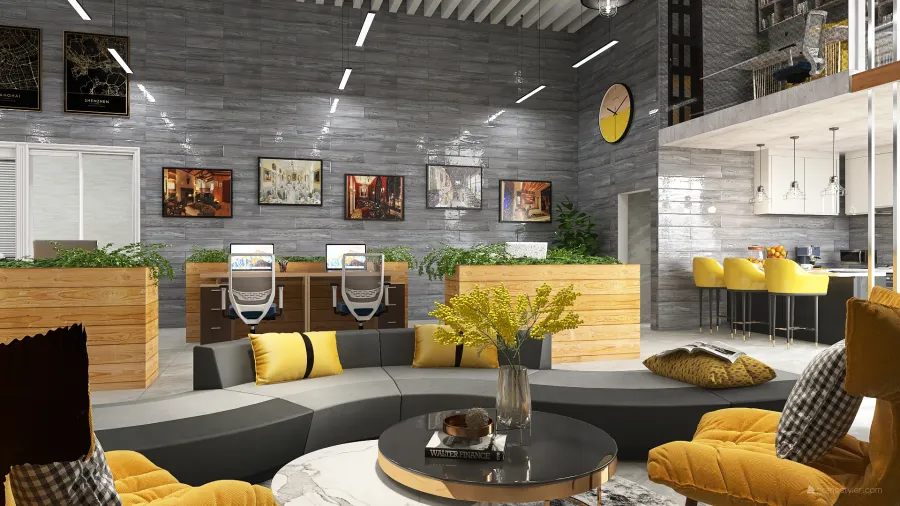 Modern Industrial Pantone 2021 Color of the Year - Office Interior Yellow Grey WoodTones 3d design renderings