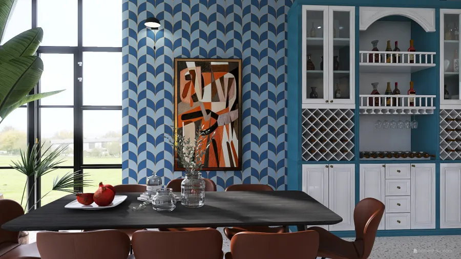 Seventies inspired with sunken living room. 3d design renderings