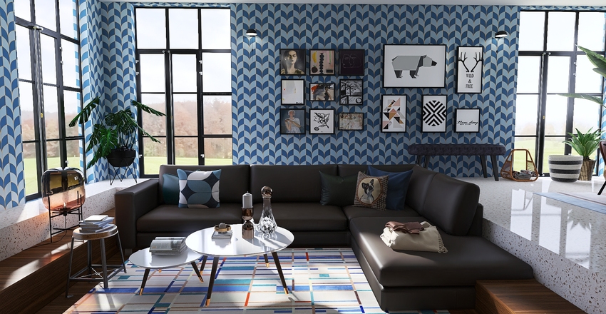 Seventies inspired with sunken living room. Interior Design Render