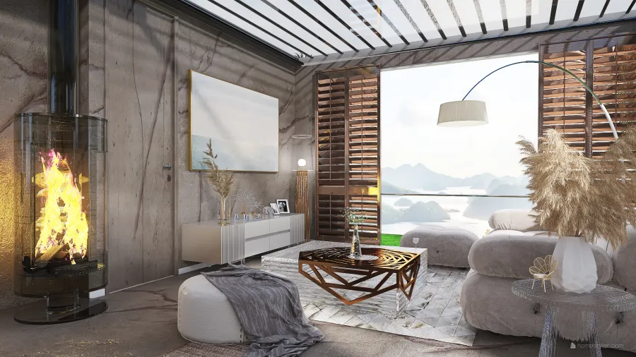 Bohemian Modern WabiSabi EarthyTones Red Orange hotel room 3d design renderings