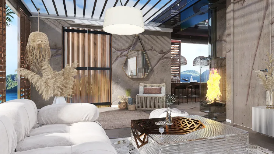 Bohemian Modern WabiSabi EarthyTones Red Orange hotel room 3d design renderings