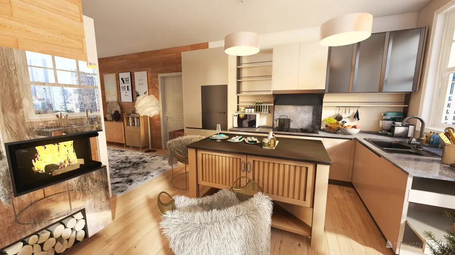 Contemporary Bohemian small appartment WoodTones 3d design renderings