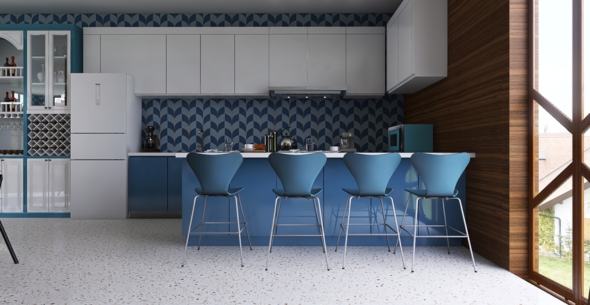 Seventies inspired with sunken living room. Interior Design Render