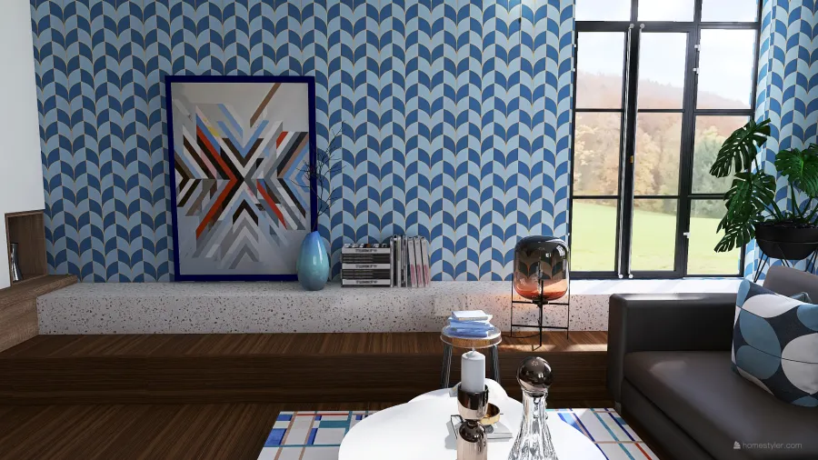 Seventies inspired with sunken living room. 3d design renderings