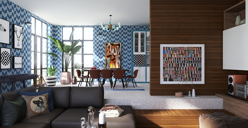 Seventies inspired with sunken living room. Interior Design Render