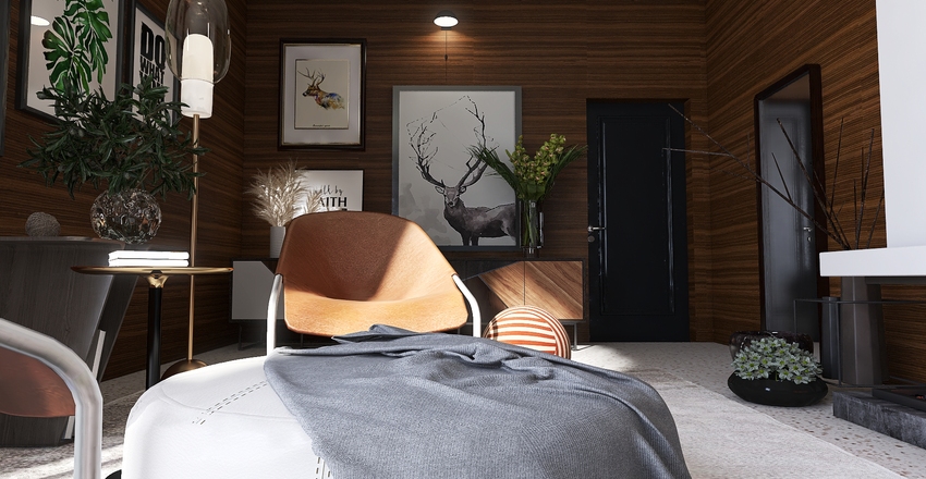 Seventies inspired with sunken living room. Interior Design Render
