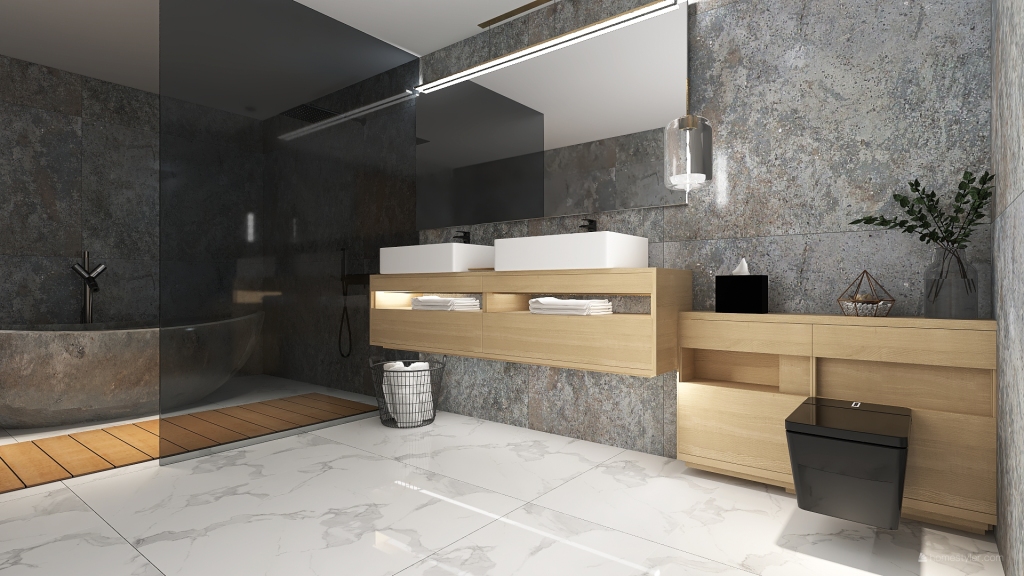 Costal Mediterranean StyleOther Scandinavian EarthyTones WoodTones Beige ColorScemeOther Grey Bathroom 3d design renderings