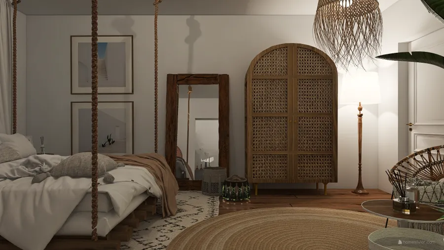 Farmhouse Bohemian WabiSabi WoodTones White EarthyTones Master Bedroom1 3d design renderings