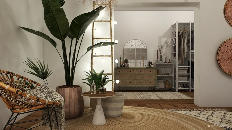 Farmhouse Bohemian WabiSabi WoodTones White EarthyTones Master Bedroom 3d design renderings