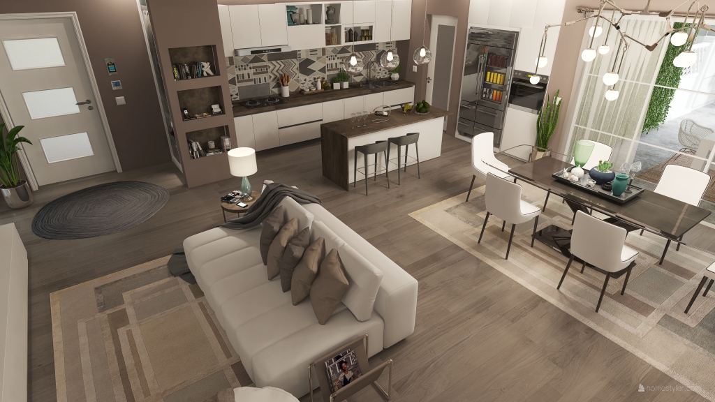 Bauhaus Contemporary Beige Grey EarthyTones Living and Dining Room 3d design renderings