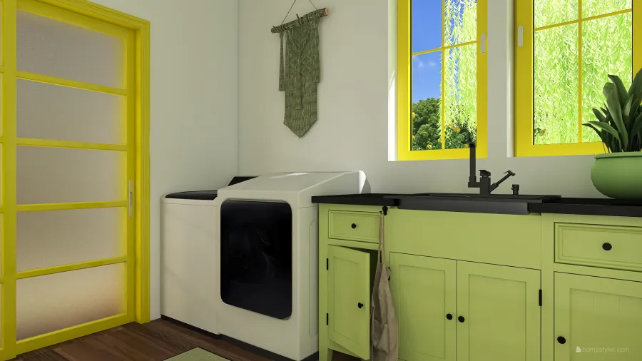 Modern Rustic Yellow WoodTones White Laundry Room 3d design renderings
