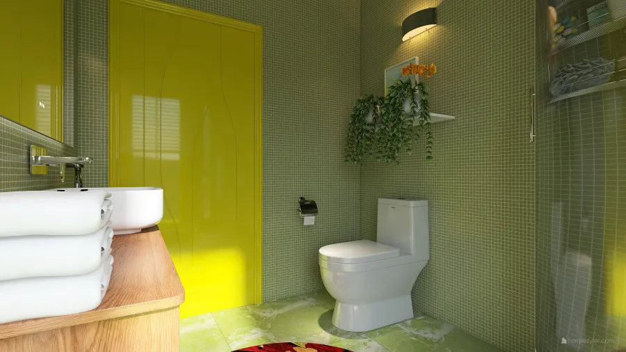 Modern Rustic Yellow WoodTones White Bathroom 3d design renderings
