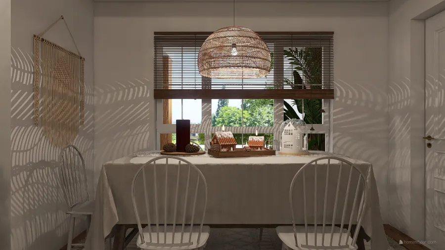 Farmhouse Bohemian WabiSabi WoodTones White EarthyTones Living and Dining Room 3d design renderings