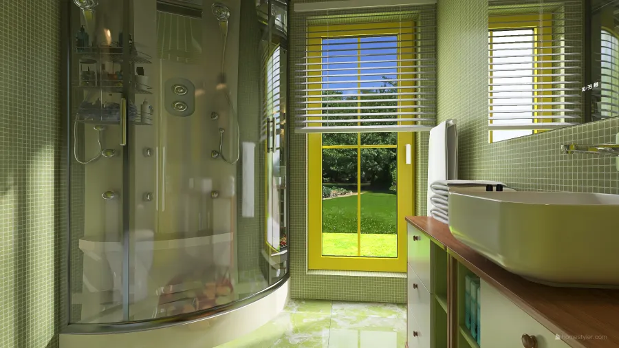 Modern Rustic Yellow WoodTones White Bathroom 3d design renderings