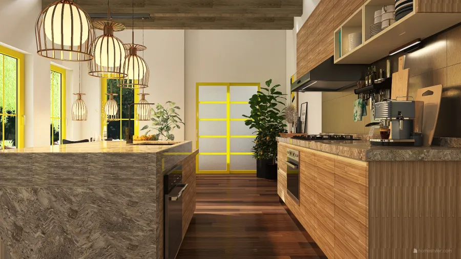 Modern Rustic Yellow WoodTones White Kitchen 3d design renderings