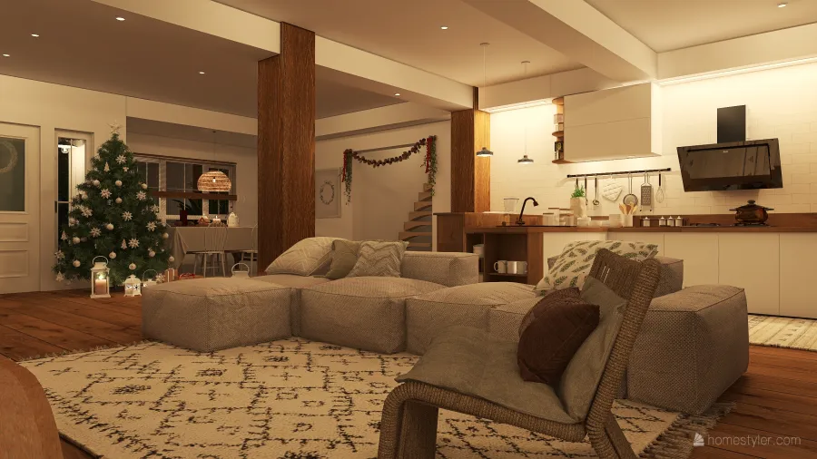 Farmhouse Bohemian WabiSabi WoodTones White EarthyTones Living and Dining Room 3d design renderings